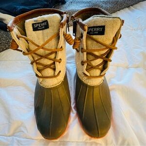 Sperry Olive and Tan Duck Boots